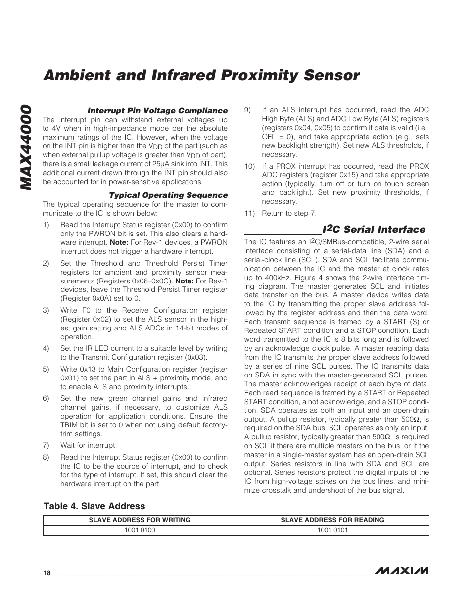 I2c serial interface | Rainbow Electronics MAX44000 User Manual | Page 18 / 24