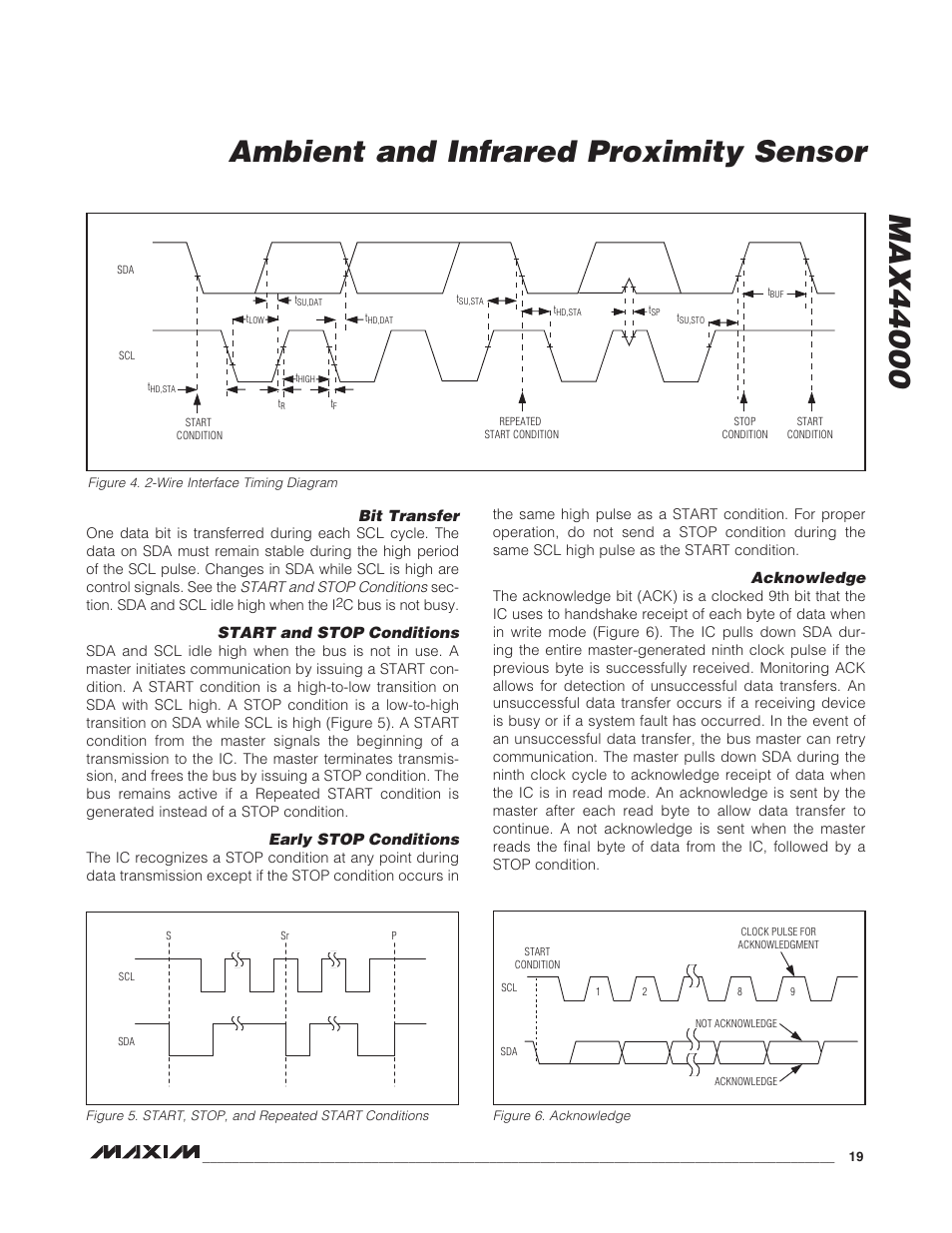 Bit transfer, Start and stop conditions, Early stop conditions | Acknowledge | Rainbow Electronics MAX44000 User Manual | Page 19 / 24