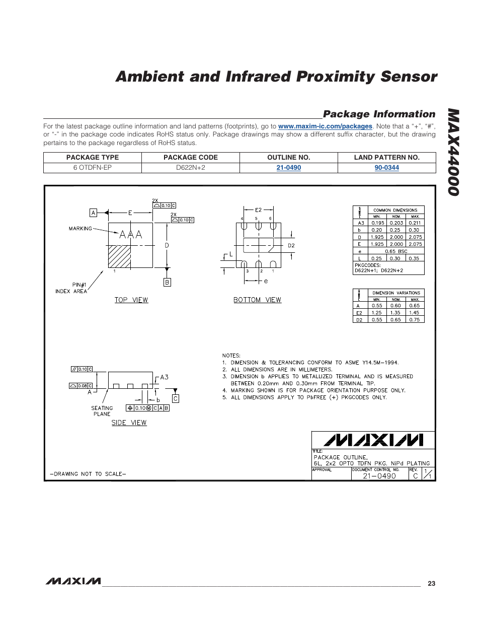 Package information | Rainbow Electronics MAX44000 User Manual | Page 23 / 24