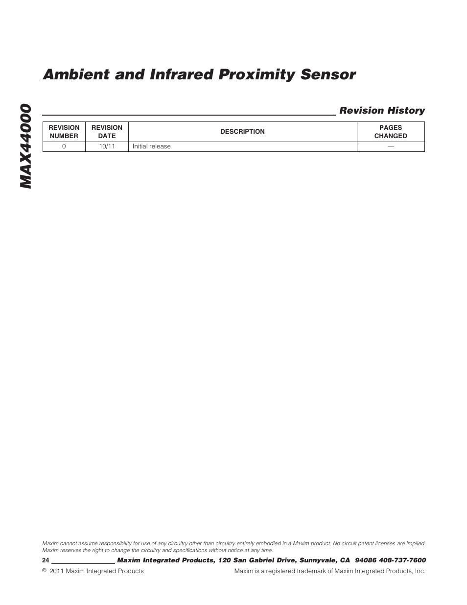 Revision history | Rainbow Electronics MAX44000 User Manual | Page 24 / 24