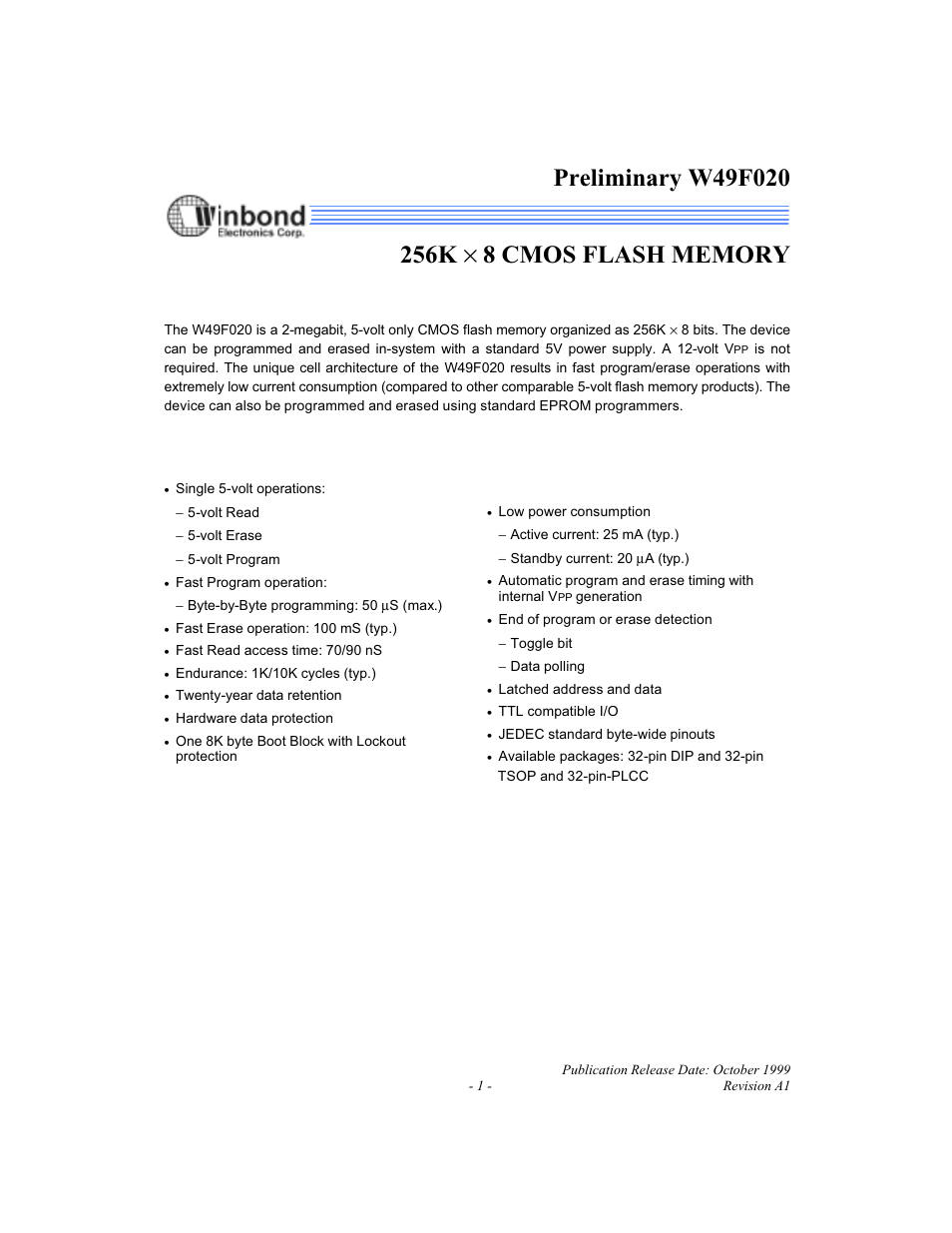 Rainbow Electronics W49F020 User Manual | 21 pages