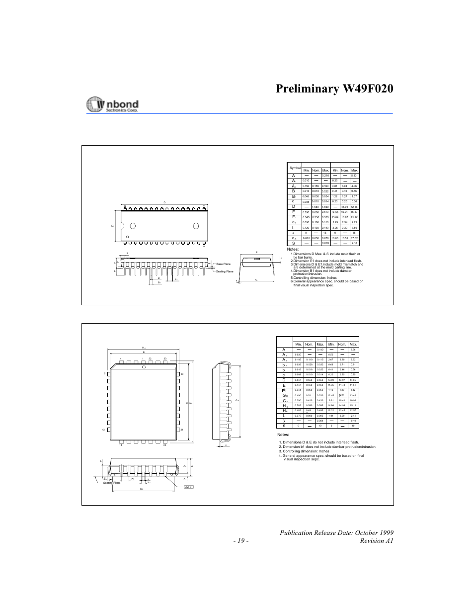 Package dimensions, Pin p-dip, Pin plcc | Rainbow Electronics W49F020 User Manual | Page 19 / 21