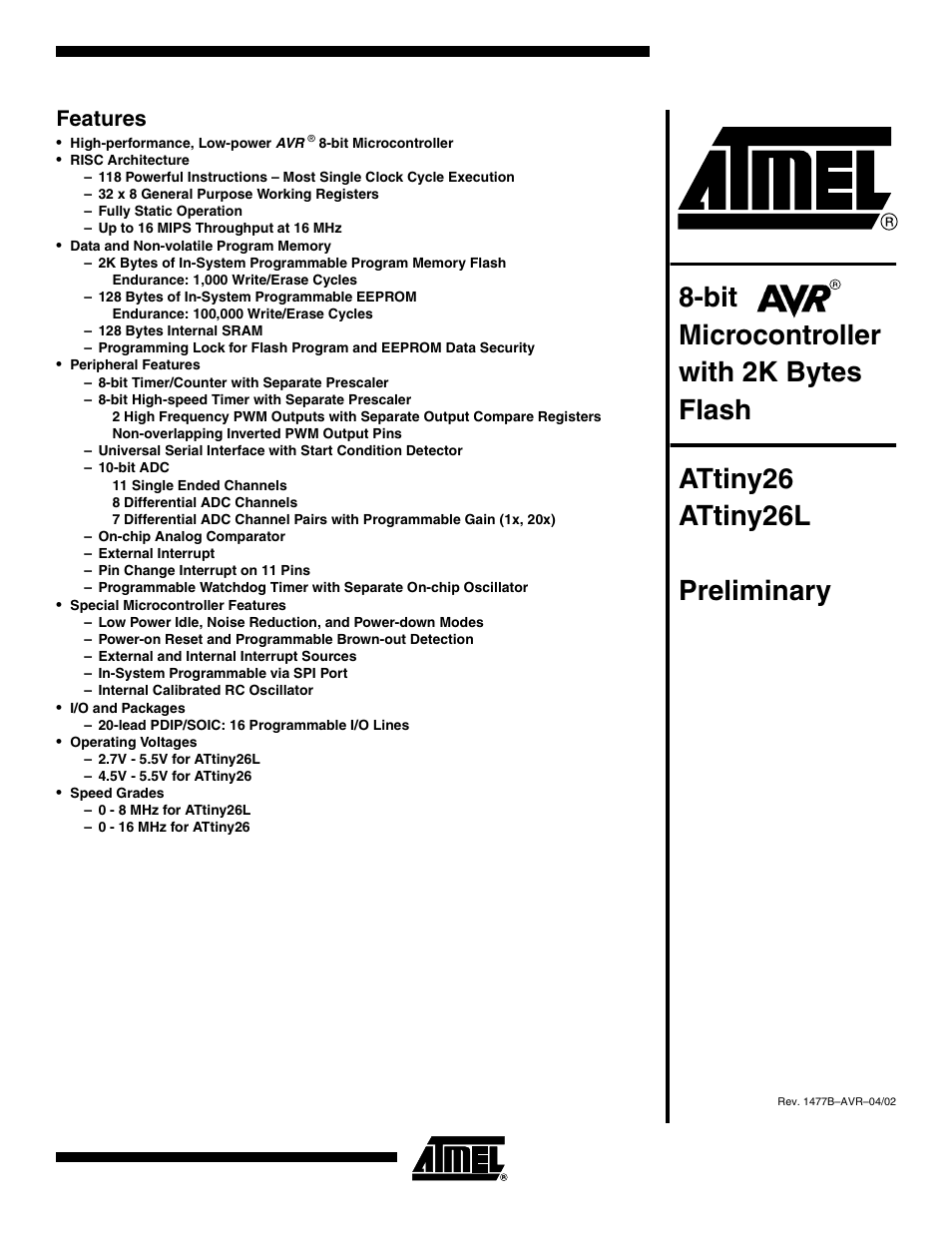 Rainbow Electronics ATtiny26L User Manual | 151 pages