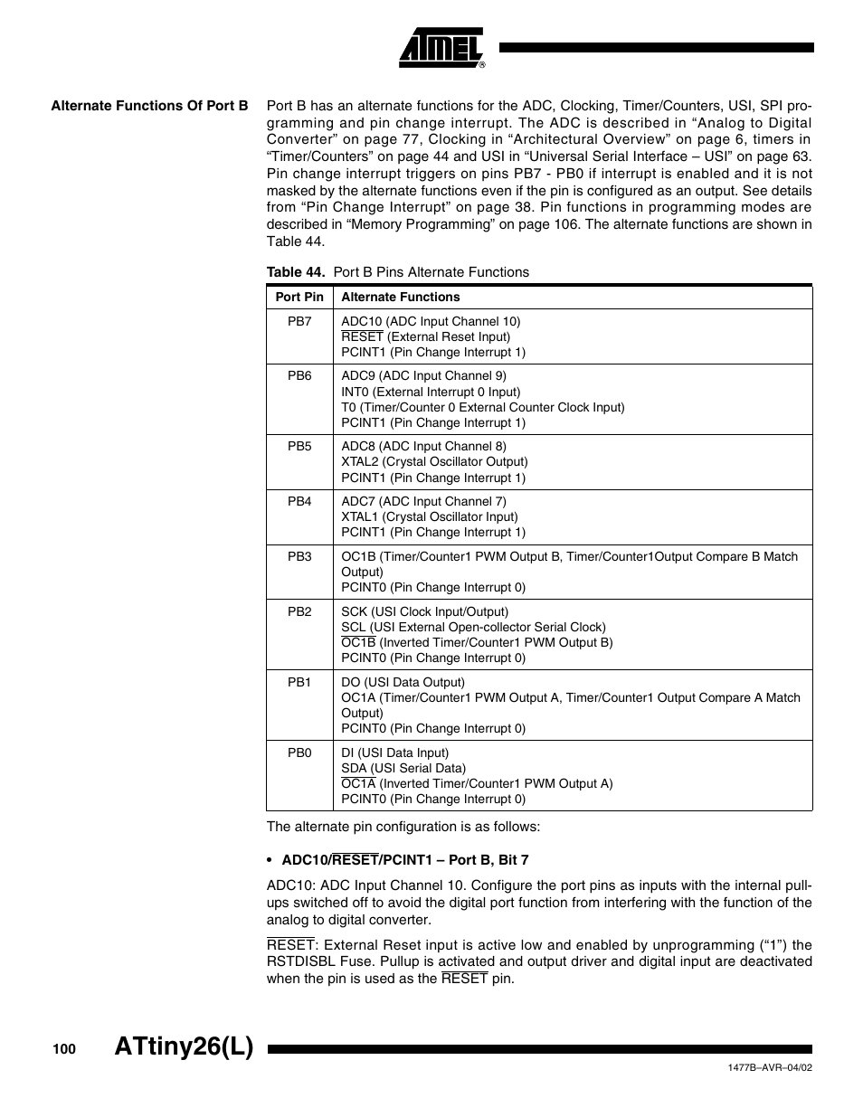 Alternate functions of port b, Attiny26(l) | Rainbow Electronics ATtiny26L User Manual | Page 100 / 151