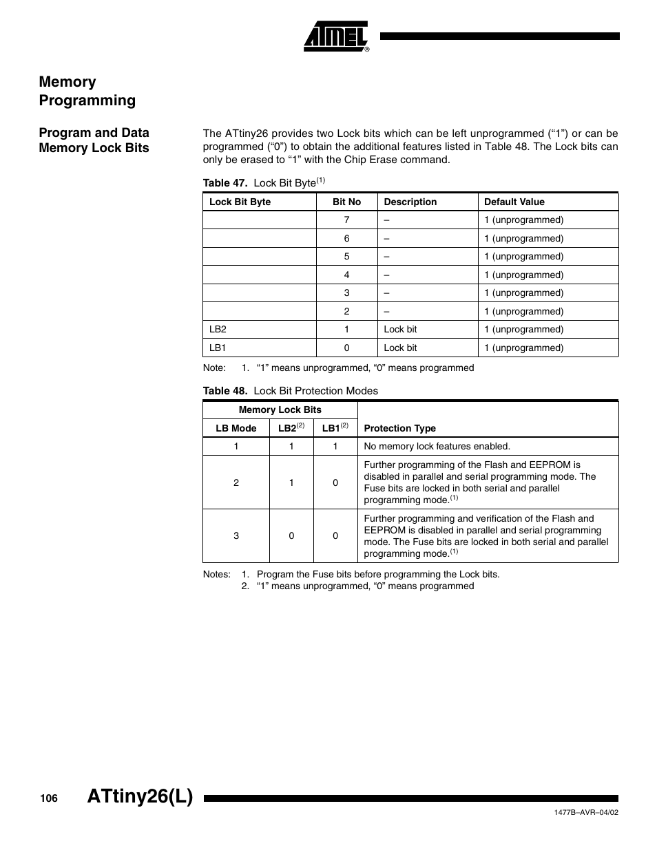 Memory programming, Program and data memory lock bits, Attiny26(l) | Rainbow Electronics ATtiny26L User Manual | Page 106 / 151