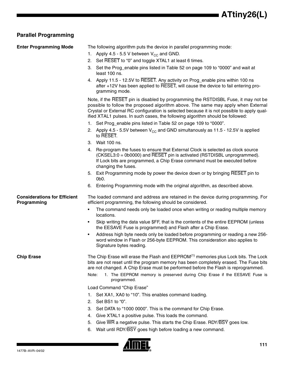 Parallel programming, Enter programming mode, Considerations for efficient programming | Chip erase, Attiny26(l) | Rainbow Electronics ATtiny26L User Manual | Page 111 / 151