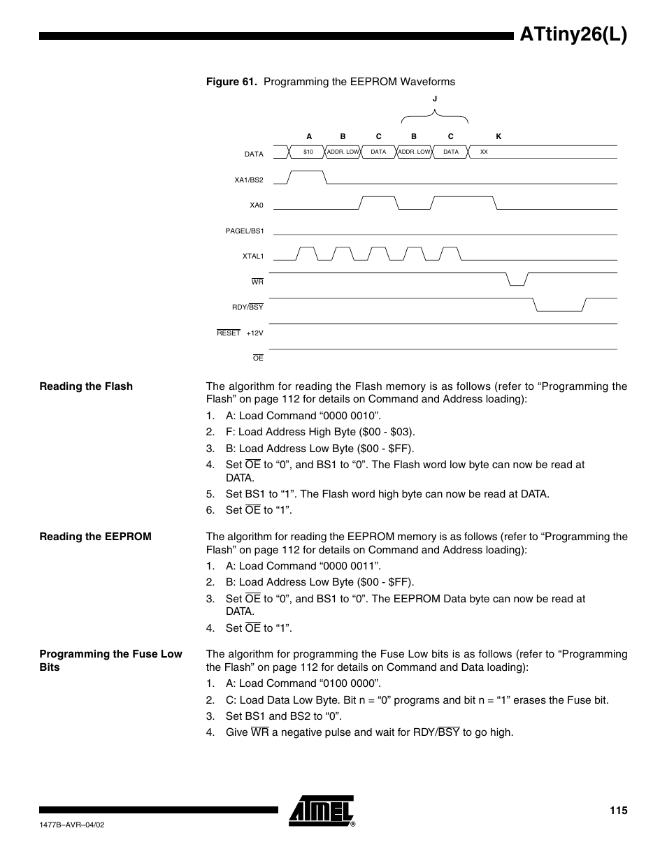 Reading the flash, Reading the eeprom, Programming the fuse low bits | Ee figure 61, Attiny26(l) | Rainbow Electronics ATtiny26L User Manual | Page 115 / 151