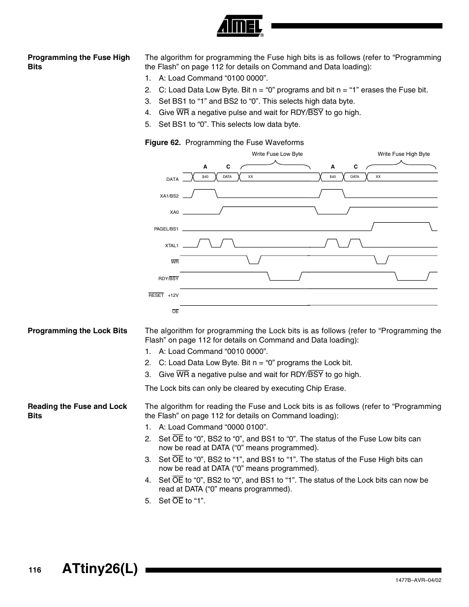 Programming the fuse high bits, Programming the lock bits, Reading the fuse and lock bits | Attiny26(l) | Rainbow Electronics ATtiny26L User Manual | Page 116 / 151