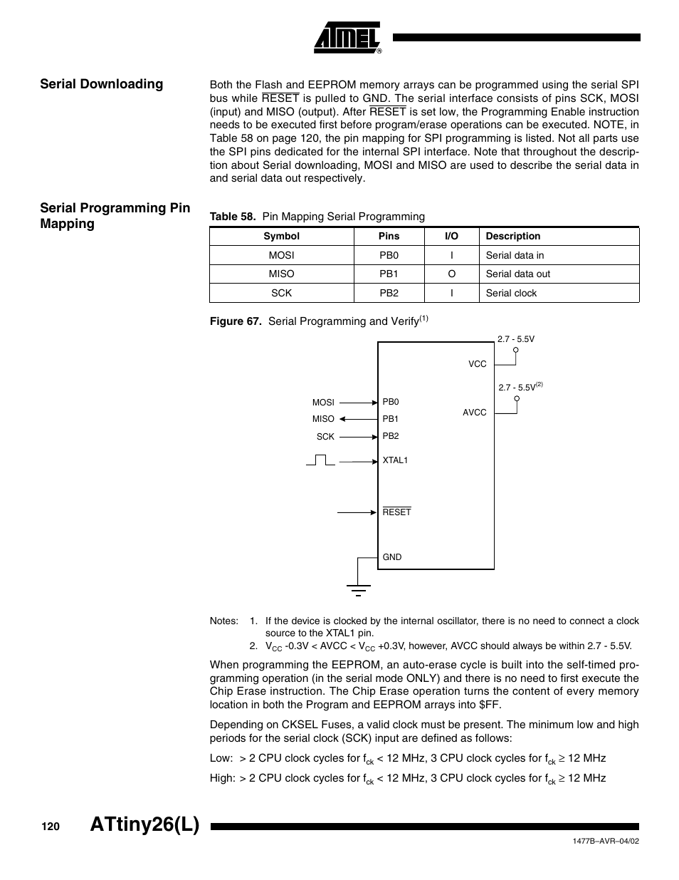 Serial downloading, Serial programming pin mapping, Attiny26(l) | Rainbow Electronics ATtiny26L User Manual | Page 120 / 151