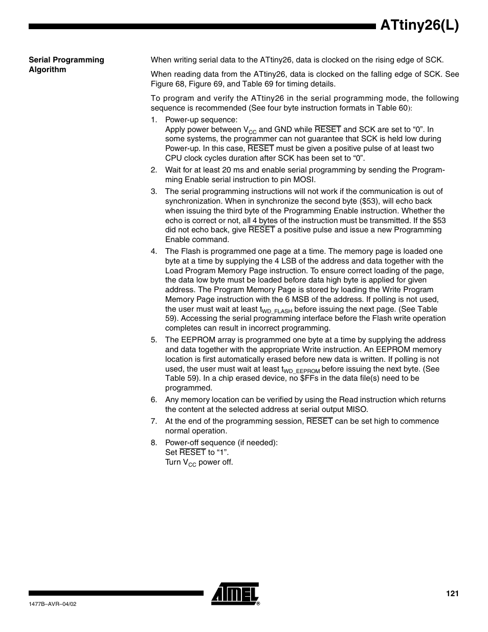 Serial programming algorithm, Attiny26(l) | Rainbow Electronics ATtiny26L User Manual | Page 121 / 151