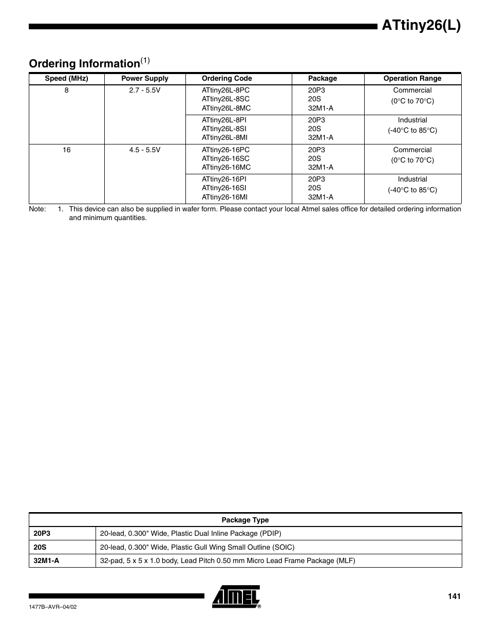 Ordering information(1), Attiny26(l), Ordering informatio n | Rainbow Electronics ATtiny26L User Manual | Page 141 / 151