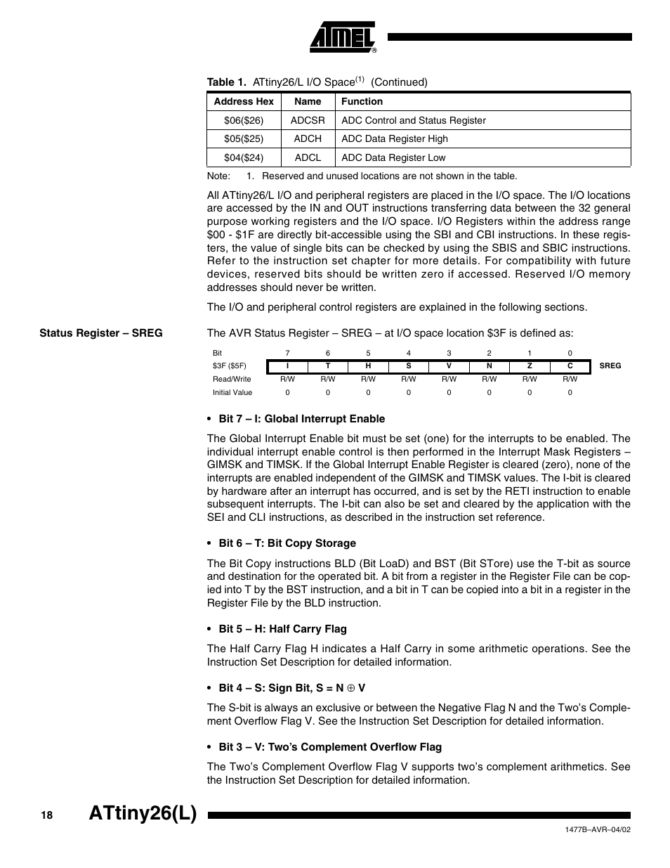 Status register – sreg, Attiny26(l) | Rainbow Electronics ATtiny26L User Manual | Page 18 / 151