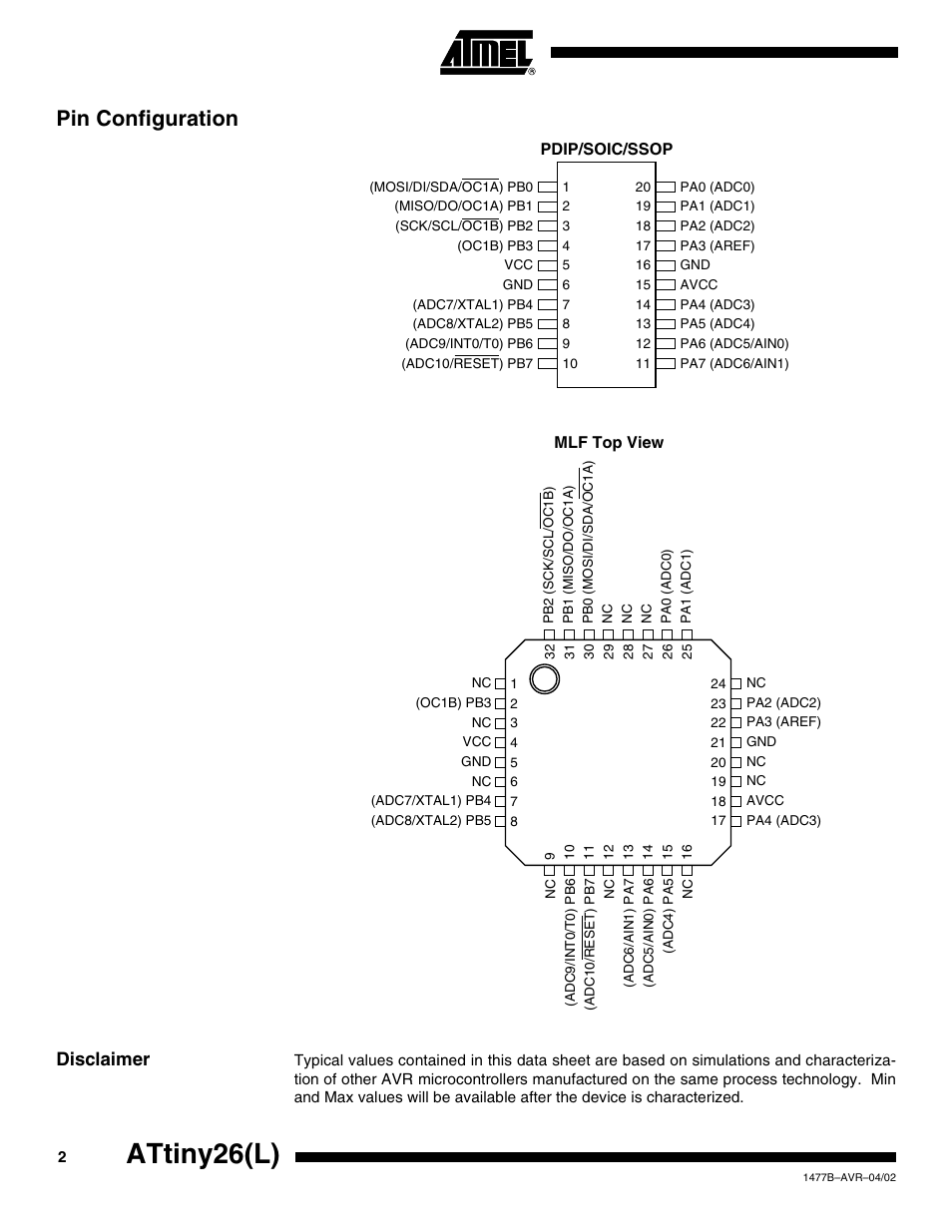 Pin configuration, Disclaimer, Attiny26(l) | Rainbow Electronics ATtiny26L User Manual | Page 2 / 151