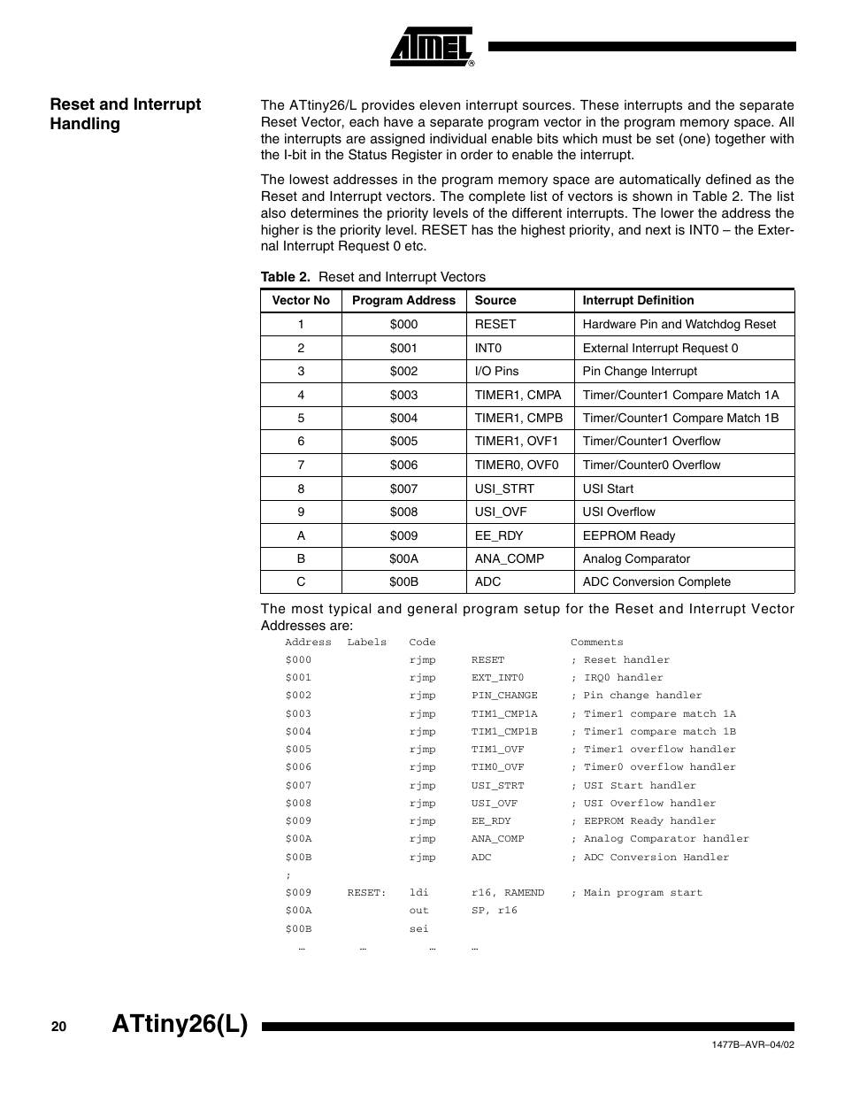 Reset and interrupt handling, Attiny26(l) | Rainbow Electronics ATtiny26L User Manual | Page 20 / 151