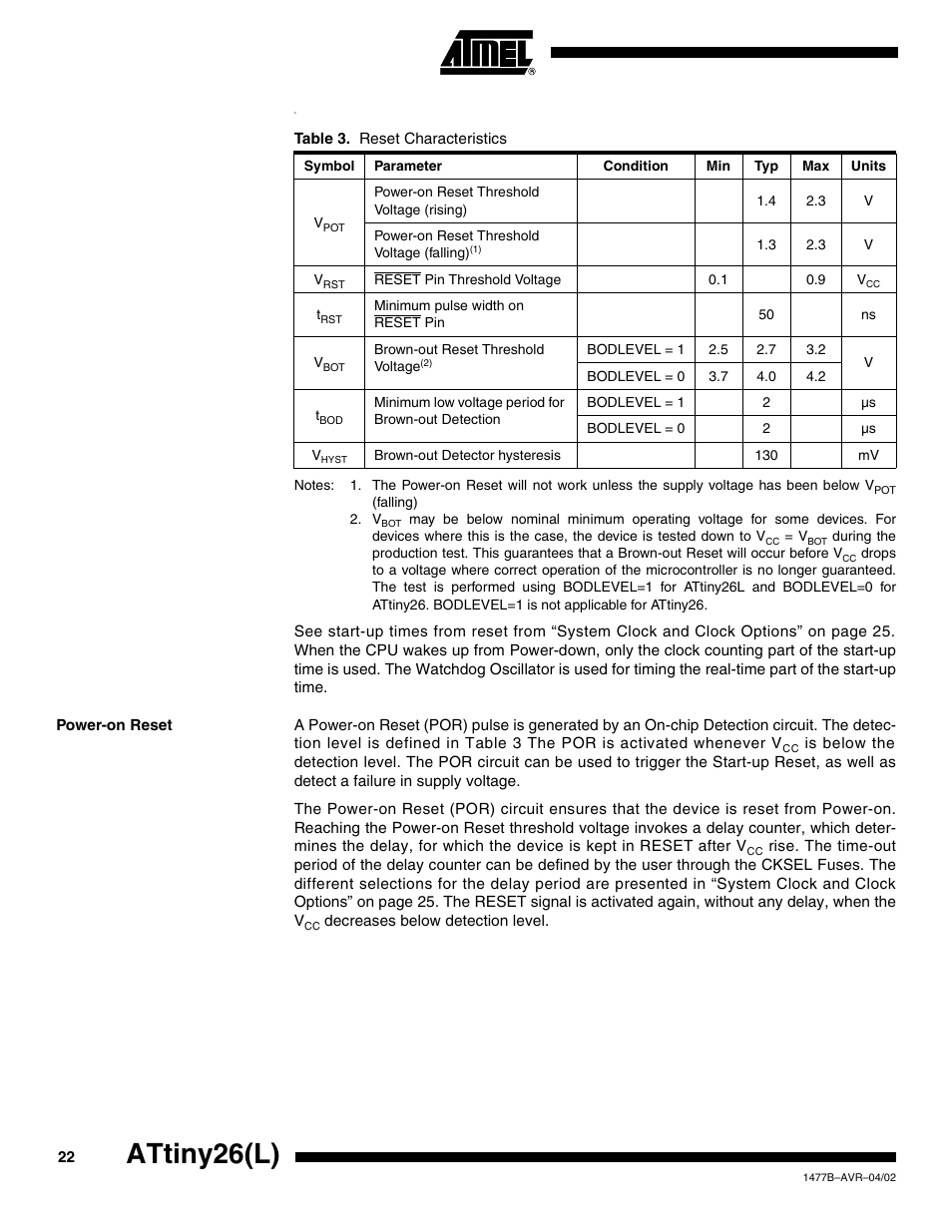 Power-on reset, Attiny26(l) | Rainbow Electronics ATtiny26L User Manual | Page 22 / 151