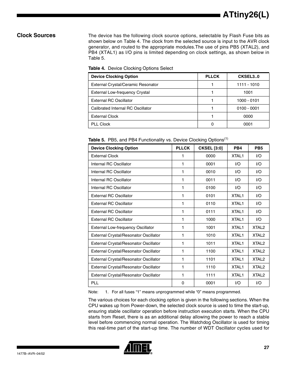 Clock sources, Attiny26(l) | Rainbow Electronics ATtiny26L User Manual | Page 27 / 151