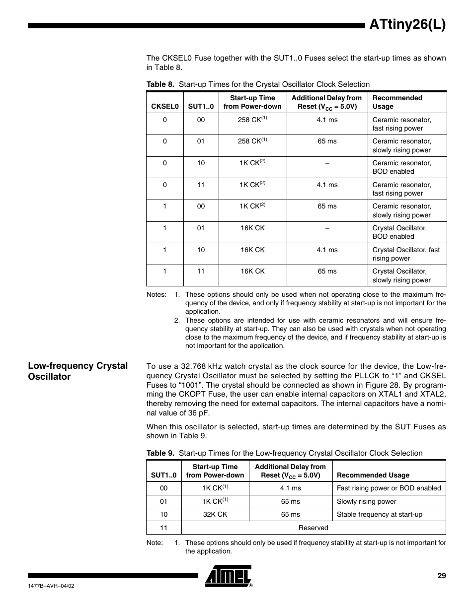 Low-frequency crystal oscillator, Attiny26(l) | Rainbow Electronics ATtiny26L User Manual | Page 29 / 151