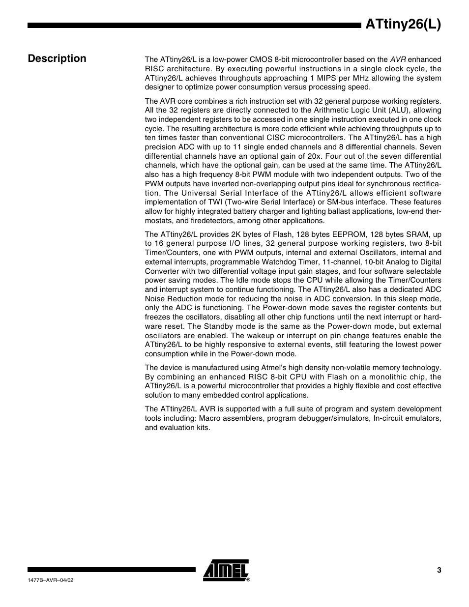 Description, Attiny26(l) | Rainbow Electronics ATtiny26L User Manual | Page 3 / 151