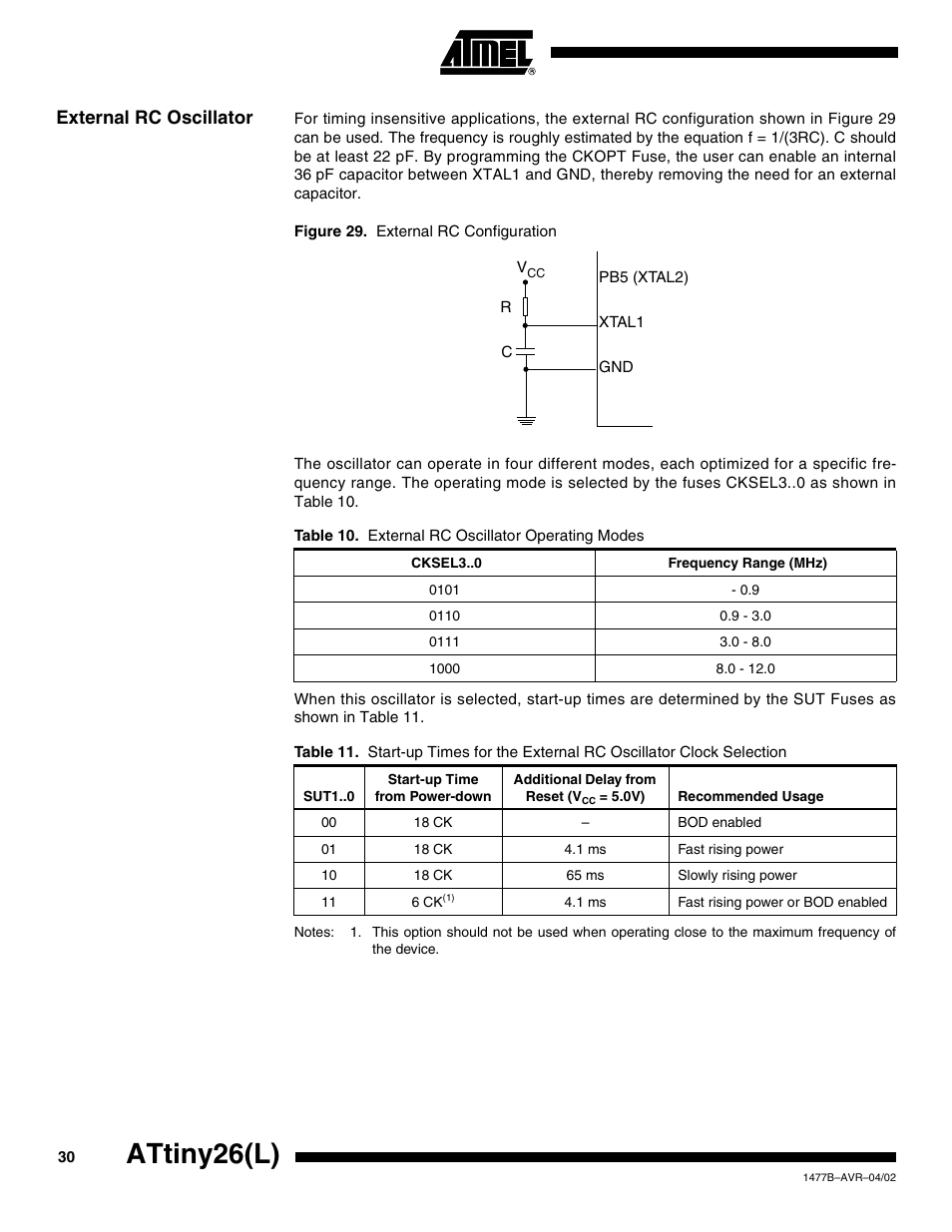 External rc oscillator, Attiny26(l) | Rainbow Electronics ATtiny26L User Manual | Page 30 / 151