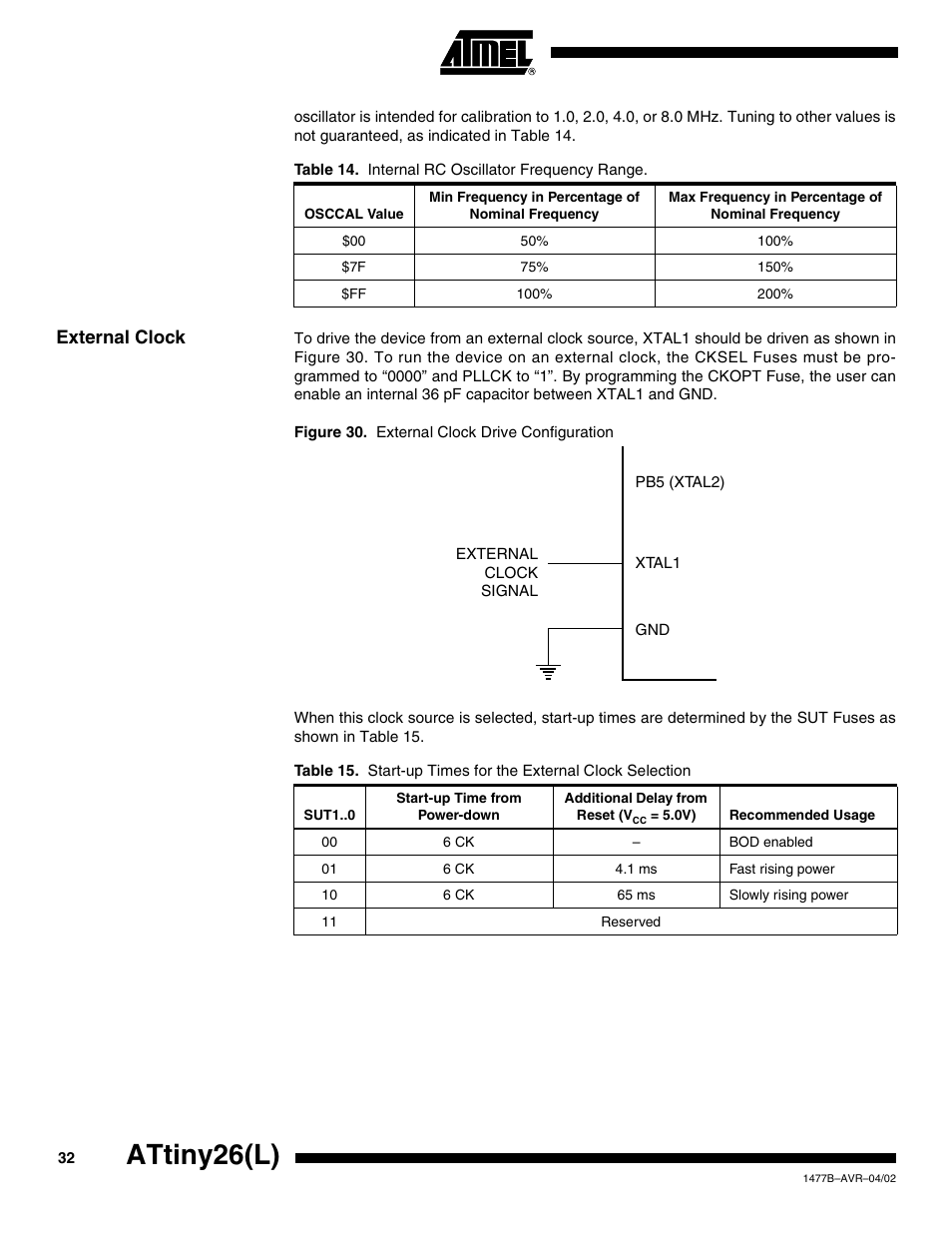 External clock, Attiny26(l) | Rainbow Electronics ATtiny26L User Manual | Page 32 / 151