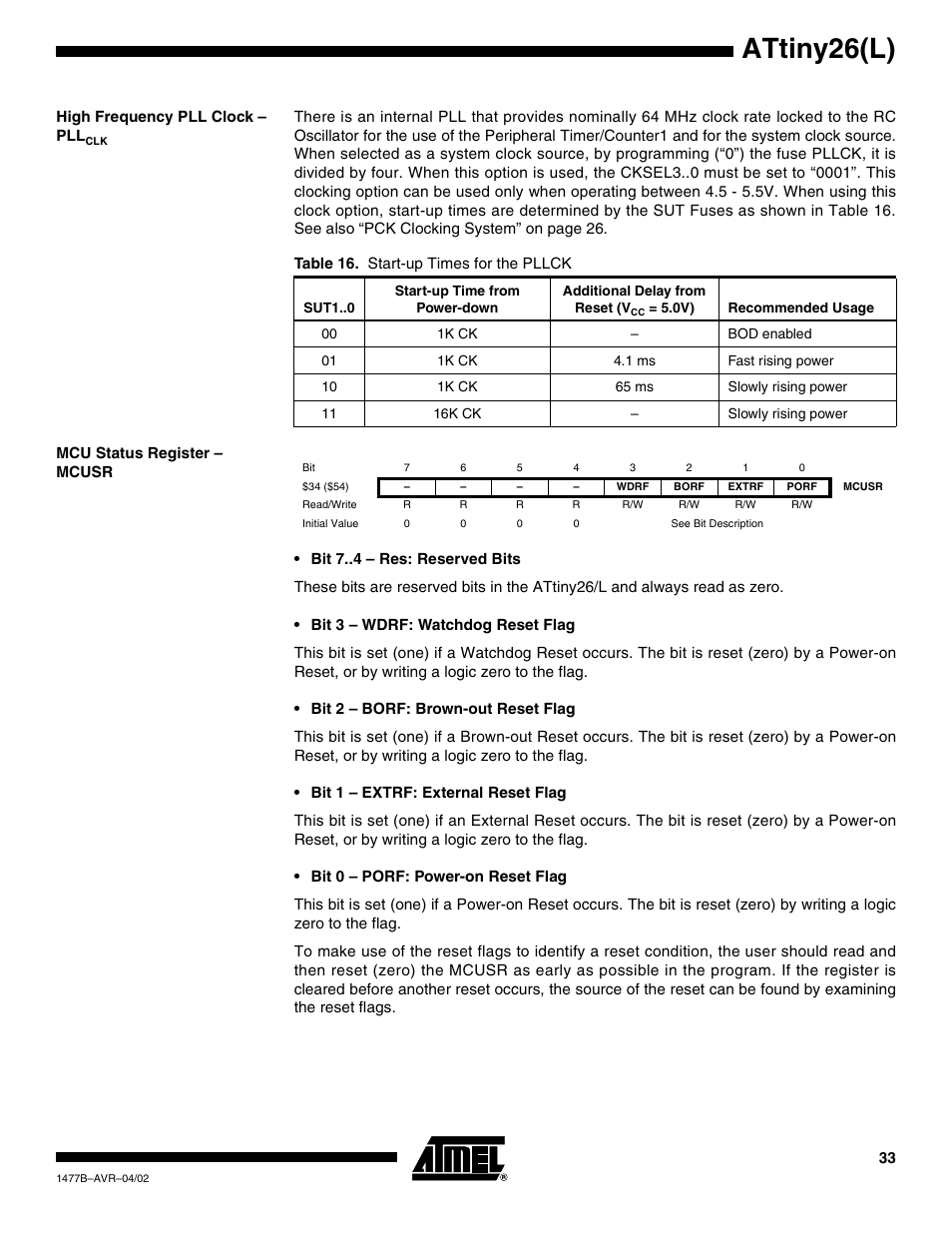 High frequency pll clock – pllclk, Mcu status register – mcusr, Attiny26(l) | Rainbow Electronics ATtiny26L User Manual | Page 33 / 151