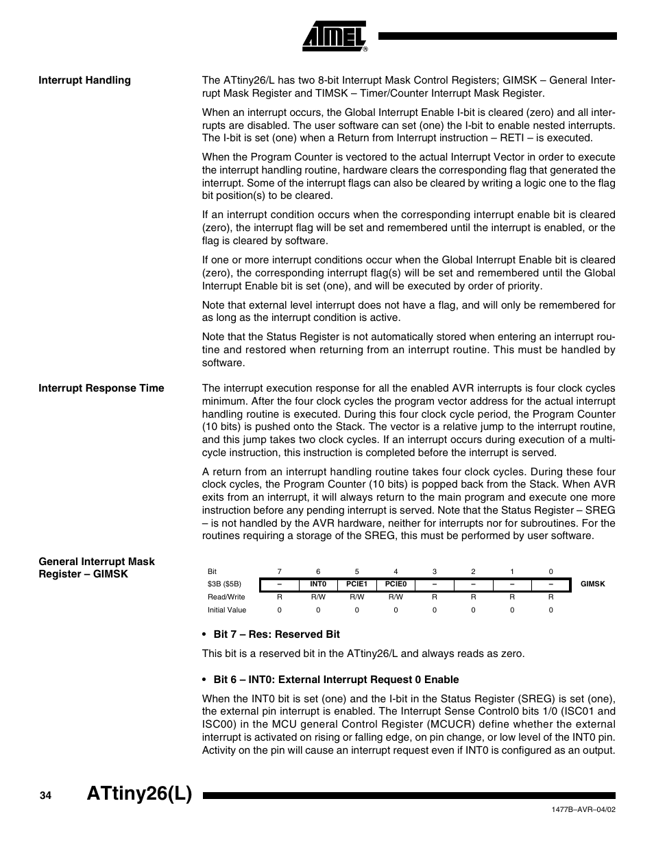 Interrupt handling, Interrupt response time, General interrupt mask register – gimsk | Attiny26(l) | Rainbow Electronics ATtiny26L User Manual | Page 34 / 151