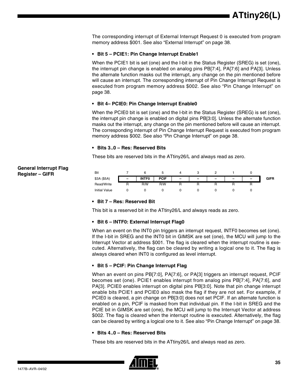 General interrupt flag register – gifr, Attiny26(l) | Rainbow Electronics ATtiny26L User Manual | Page 35 / 151