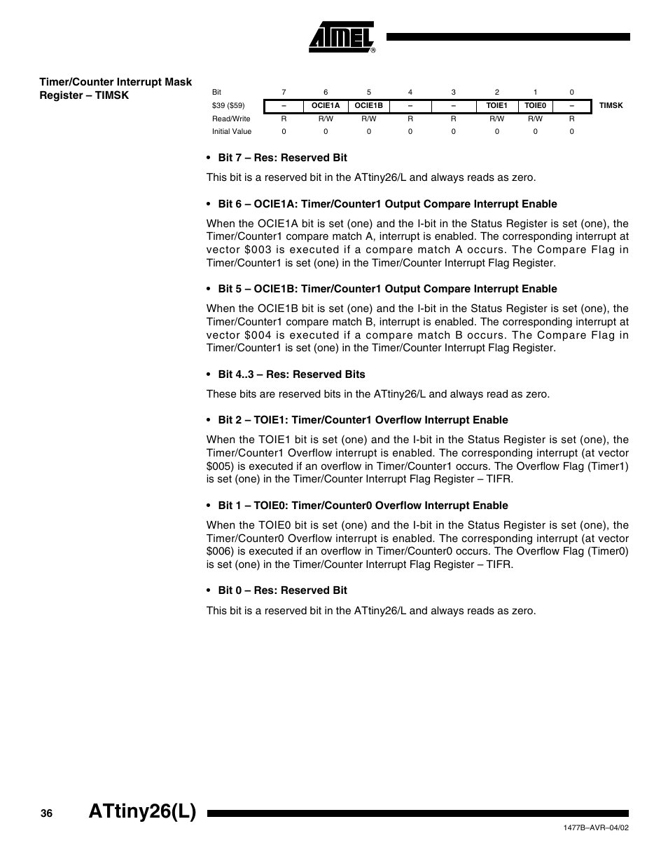 Timer/counter interrupt mask register – timsk, Attiny26(l) | Rainbow Electronics ATtiny26L User Manual | Page 36 / 151