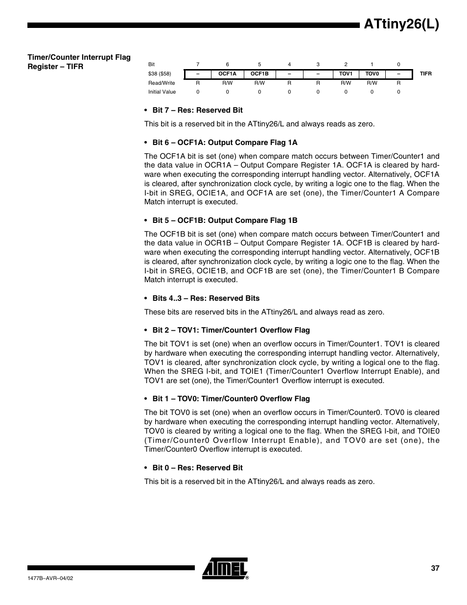 Timer/counter interrupt flag register – tifr, Attiny26(l) | Rainbow Electronics ATtiny26L User Manual | Page 37 / 151