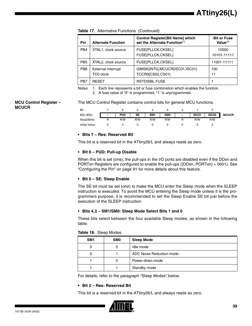 Mcu control register – mcucr, Ction, Attiny26(l) | Rainbow Electronics ATtiny26L User Manual | Page 39 / 151