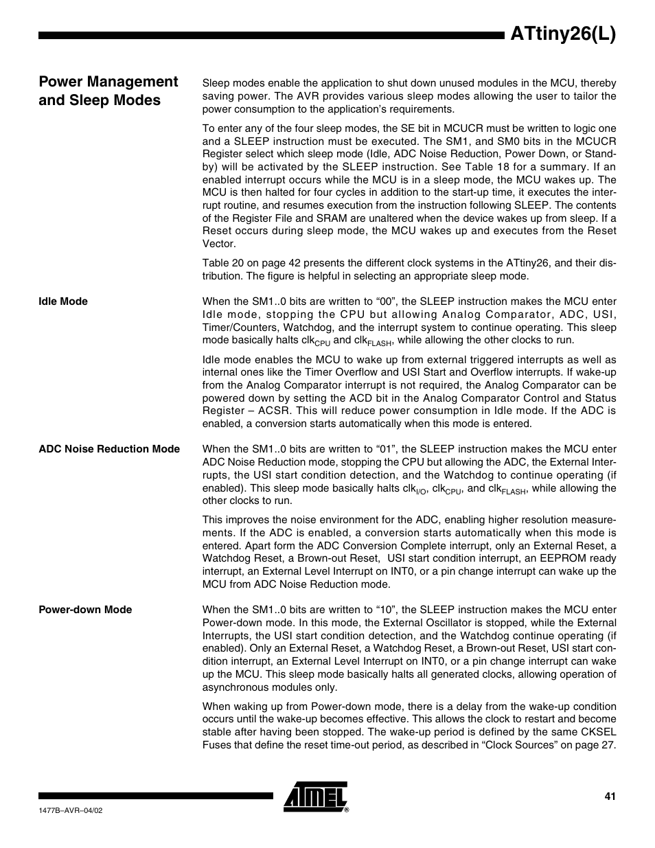 Power management and sleep modes, Idle mode, Adc noise reduction mode | Power-down mode, Attiny26(l) | Rainbow Electronics ATtiny26L User Manual | Page 41 / 151