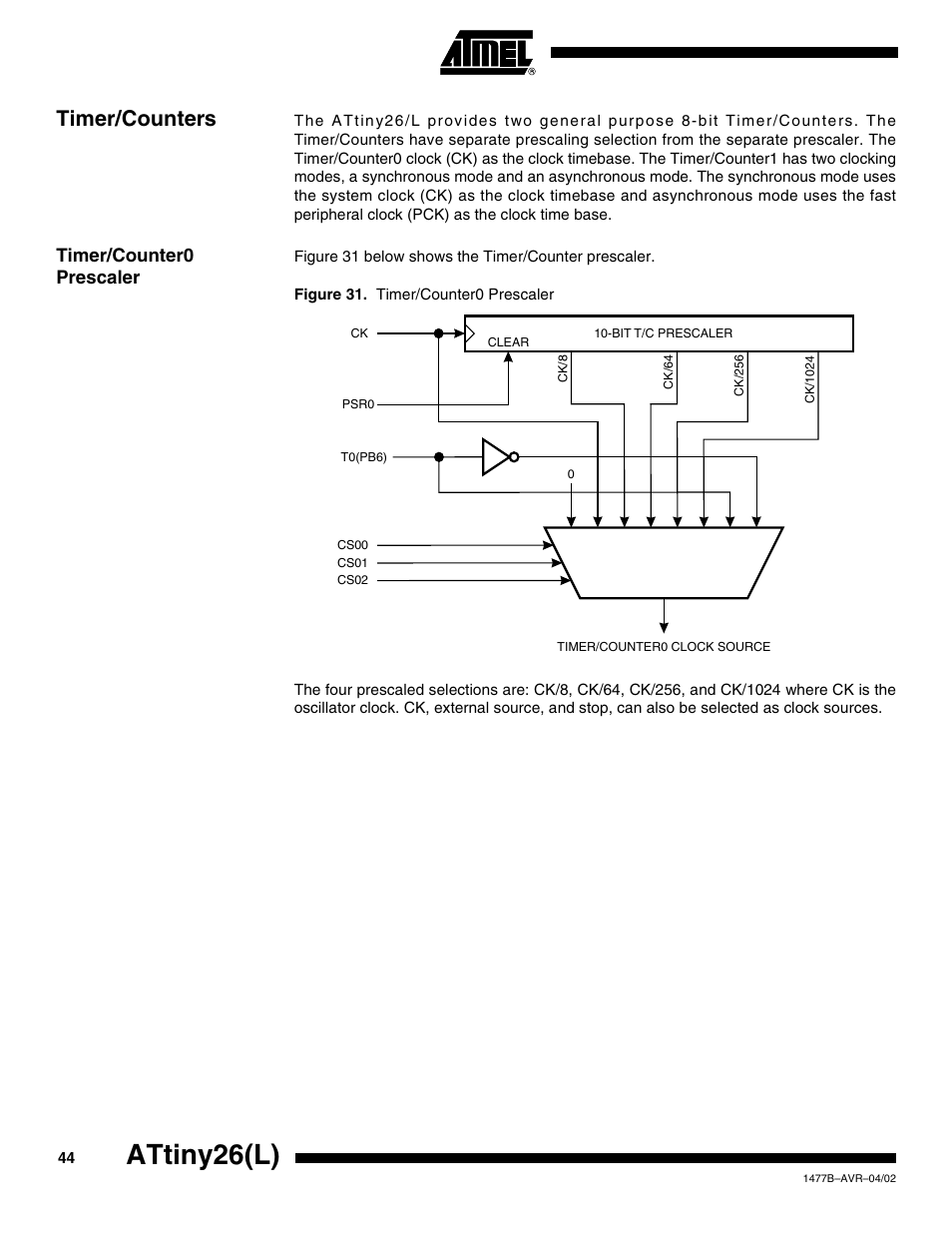 Timer/counters, Timer/counter0 prescaler, Attiny26(l) | Rainbow Electronics ATtiny26L User Manual | Page 44 / 151