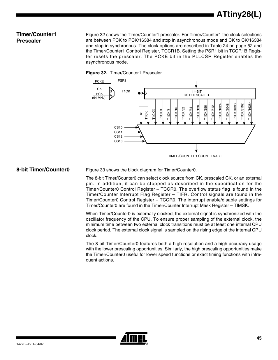 Timer/counter1 prescaler, Bit timer/counter0, Attiny26(l) | Rainbow Electronics ATtiny26L User Manual | Page 45 / 151