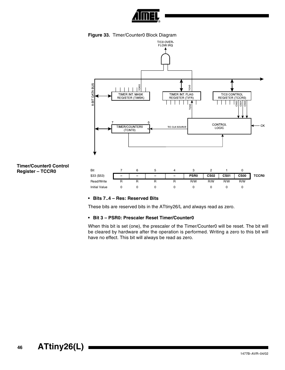 Timer/counter0 control register – tccr0, Attiny26(l) | Rainbow Electronics ATtiny26L User Manual | Page 46 / 151