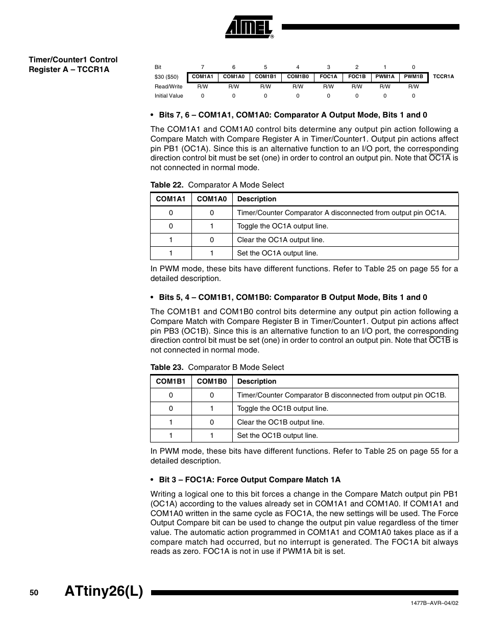 Timer/counter1 control register a – tccr1a, Attiny26(l) | Rainbow Electronics ATtiny26L User Manual | Page 50 / 151