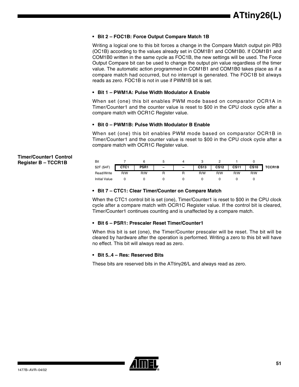 Timer/counter1 control register b – tccr1b, Attiny26(l) | Rainbow Electronics ATtiny26L User Manual | Page 51 / 151