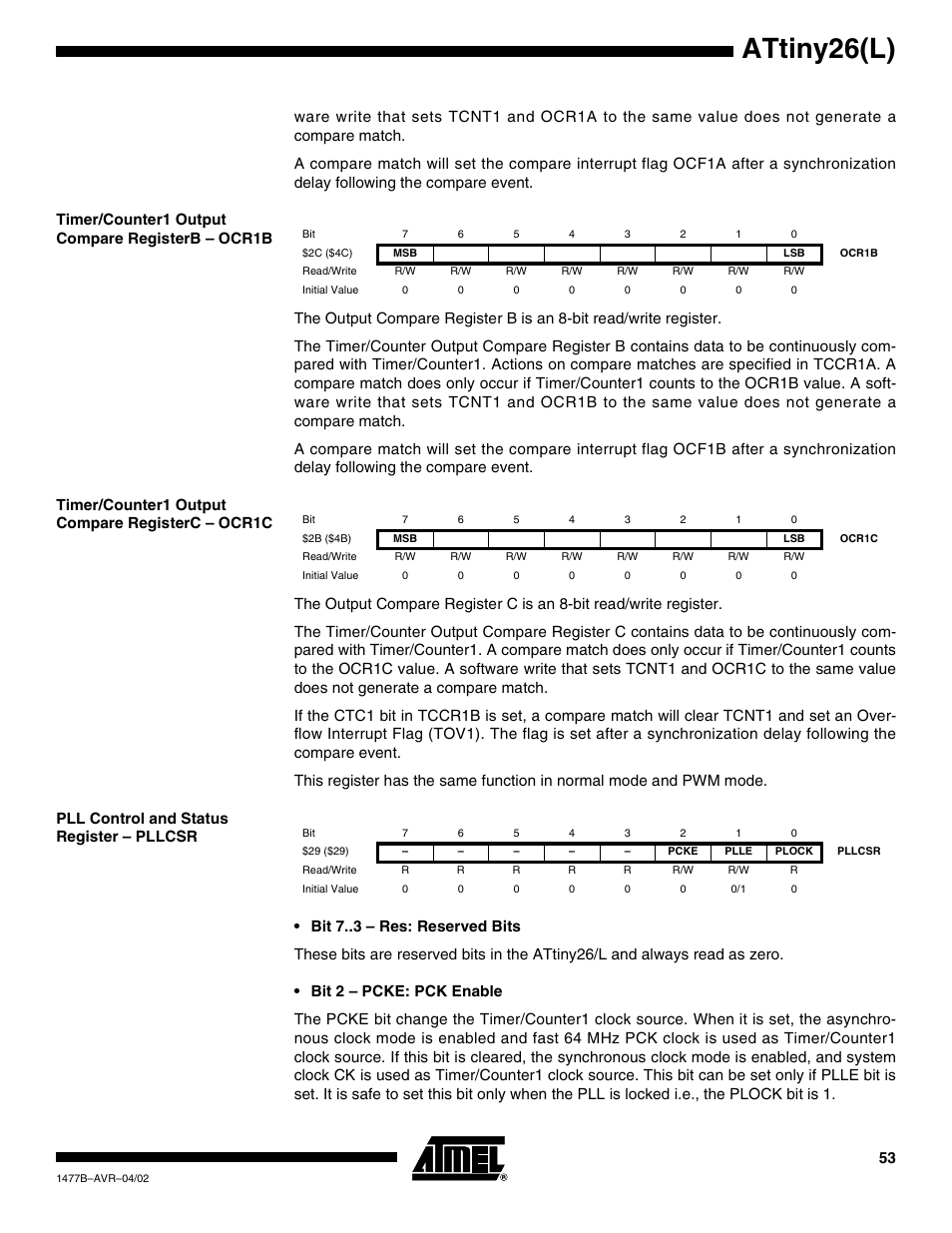 Timer/counter1 output compare registerb – ocr1b, Timer/counter1 output compare registerc – ocr1c, Pll control and status register – pllcsr | Attiny26(l) | Rainbow Electronics ATtiny26L User Manual | Page 53 / 151