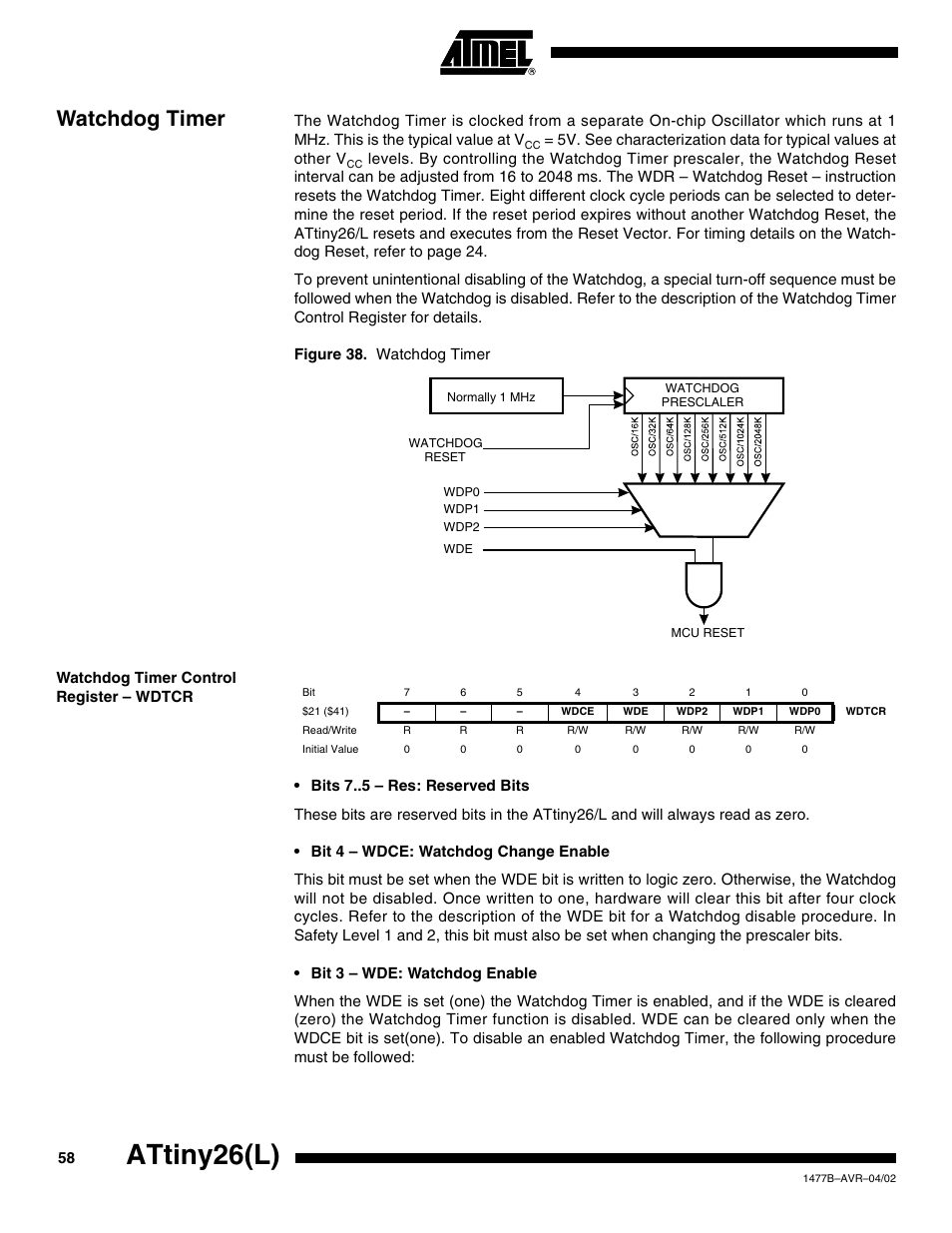 Watchdog timer, Watchdog timer control register – wdtcr, Attiny26(l) | Rainbow Electronics ATtiny26L User Manual | Page 58 / 151