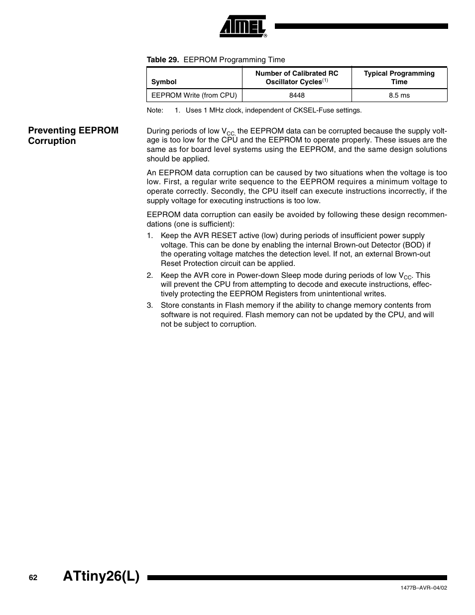 Preventing eeprom corruption, Attiny26(l) | Rainbow Electronics ATtiny26L User Manual | Page 62 / 151