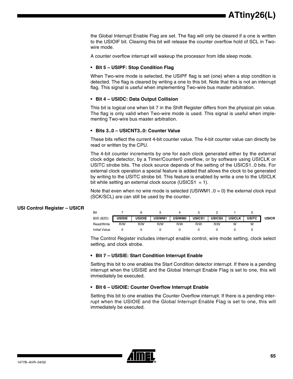 Usi control register – usicr, Attiny26(l) | Rainbow Electronics ATtiny26L User Manual | Page 65 / 151