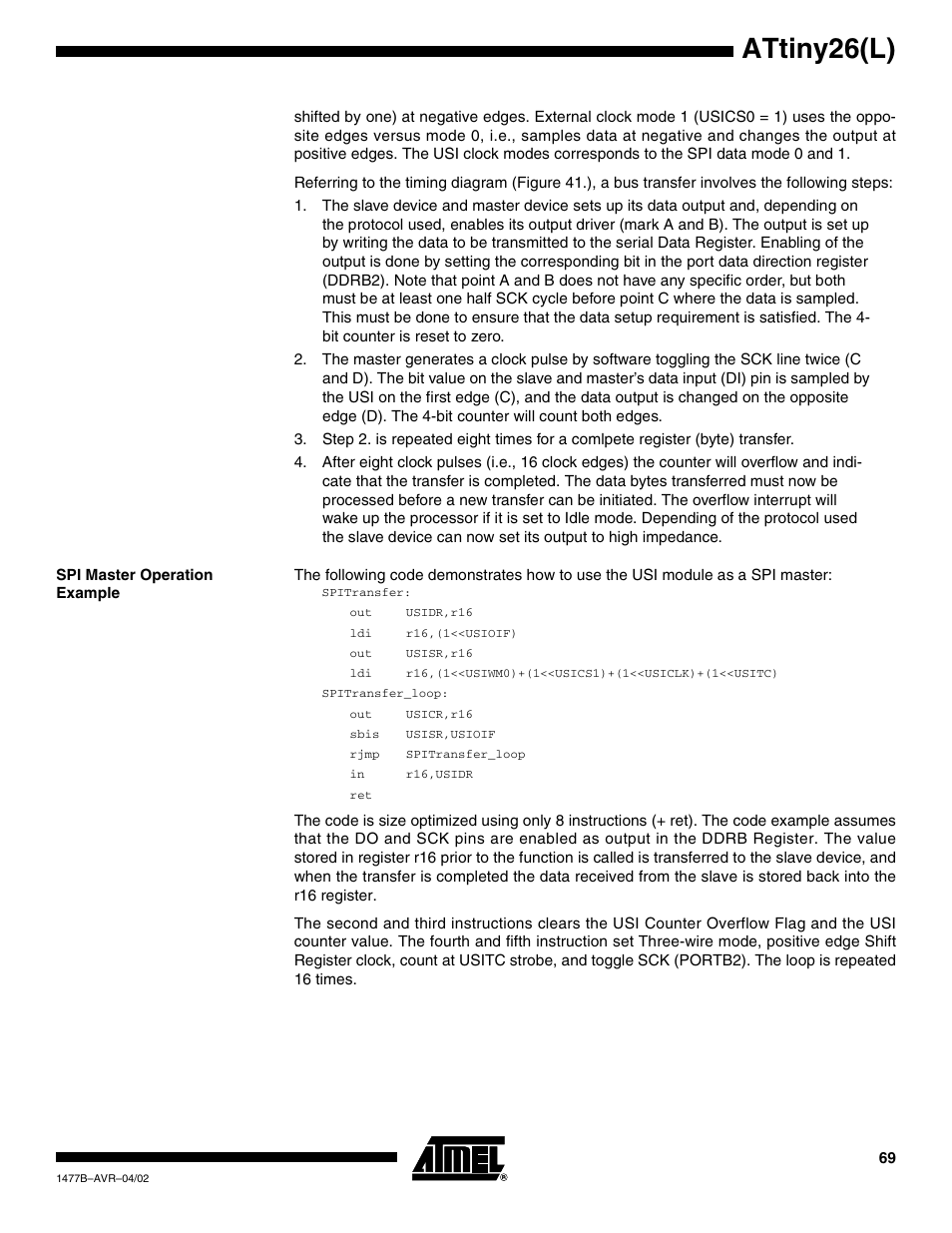 Spi master operation example, Attiny26(l) | Rainbow Electronics ATtiny26L User Manual | Page 69 / 151