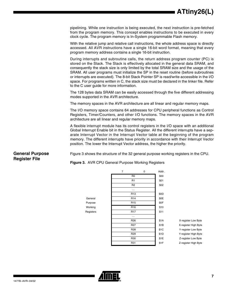 General purpose register file, Attiny26(l) | Rainbow Electronics ATtiny26L User Manual | Page 7 / 151