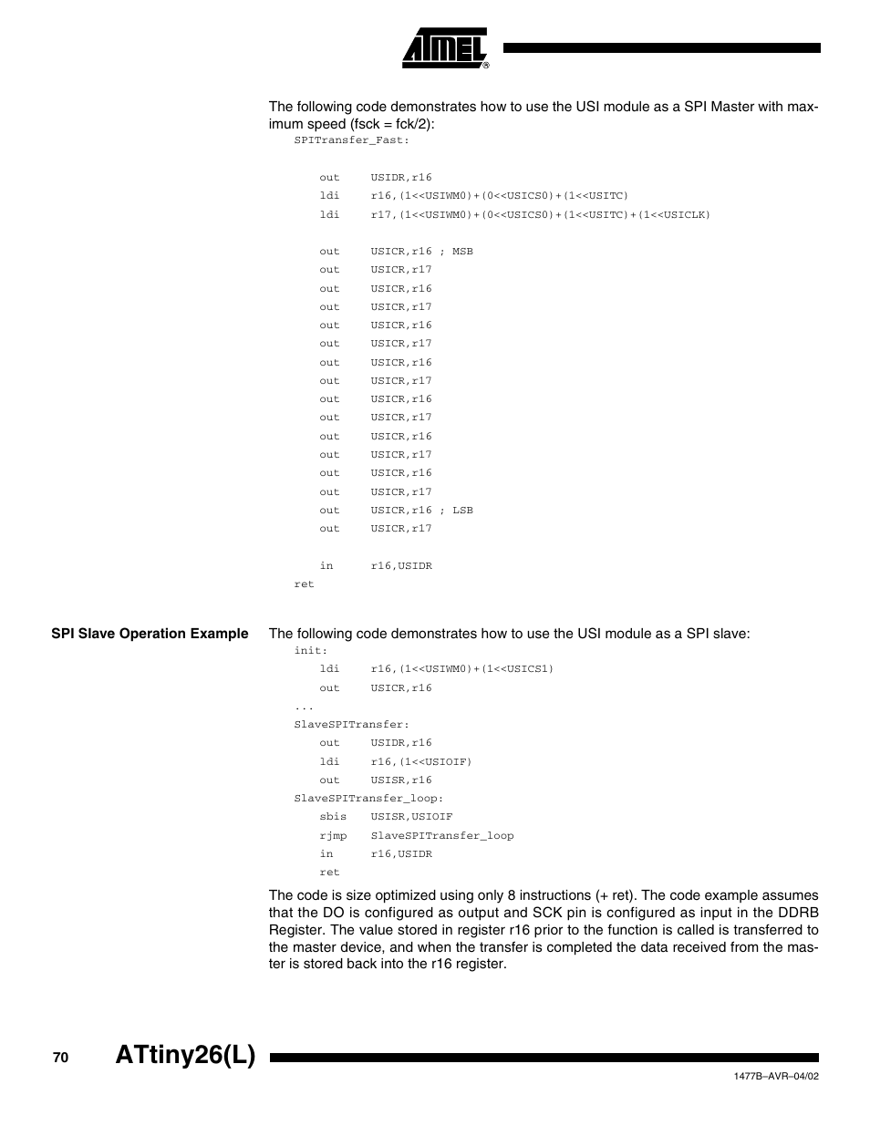 Spi slave operation example, Attiny26(l) | Rainbow Electronics ATtiny26L User Manual | Page 70 / 151