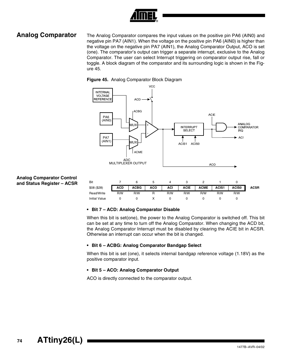 Analog comparator, Attiny26(l) | Rainbow Electronics ATtiny26L User Manual | Page 74 / 151