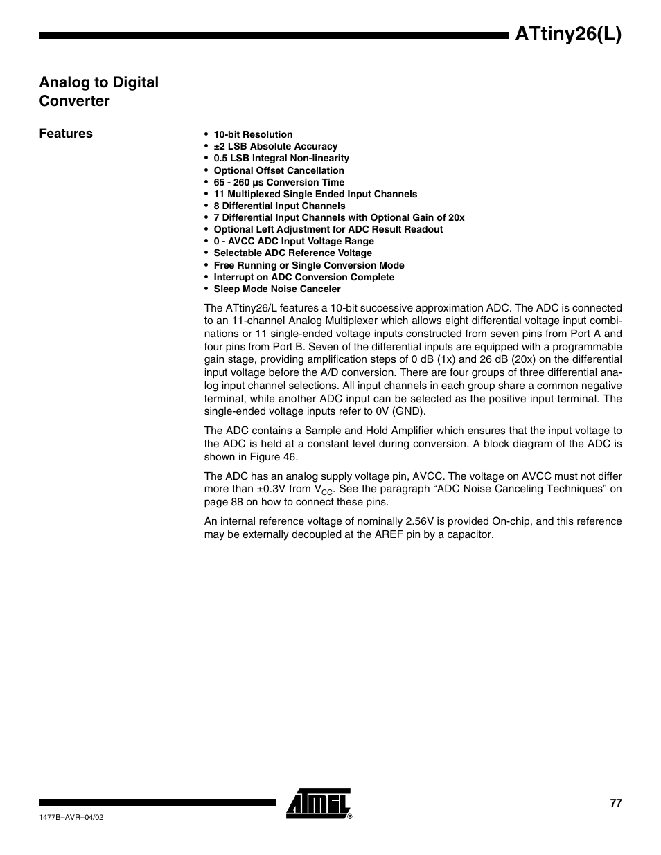 Analog to digital converter, Features, Attiny26(l) | Rainbow Electronics ATtiny26L User Manual | Page 77 / 151