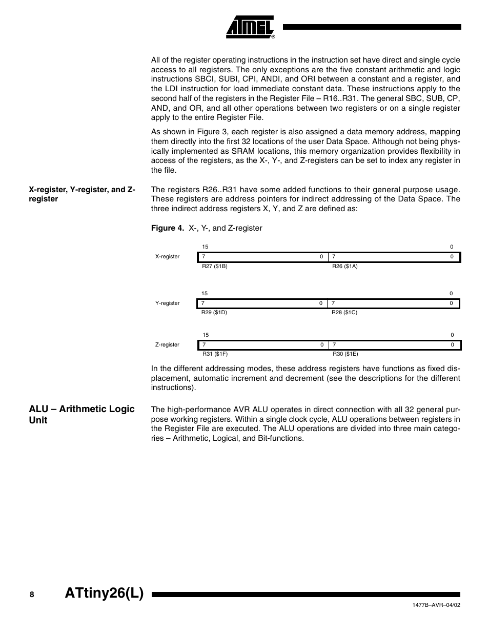 X-register, y-register, and z- register, Alu – arithmetic logic unit, Attiny26(l) | Rainbow Electronics ATtiny26L User Manual | Page 8 / 151