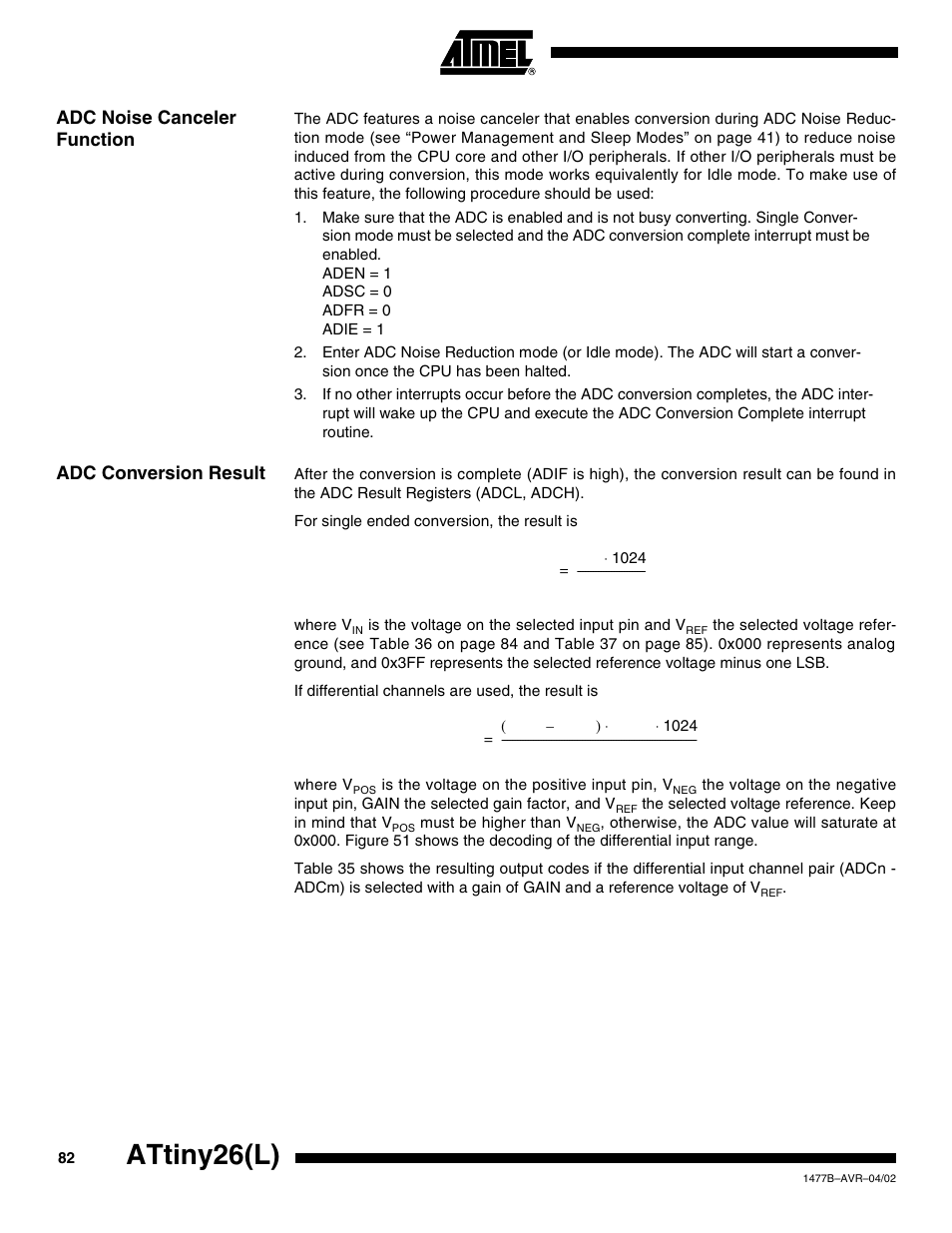 Adc noise canceler function, Adc conversion result, Attiny26(l) | Rainbow Electronics ATtiny26L User Manual | Page 82 / 151