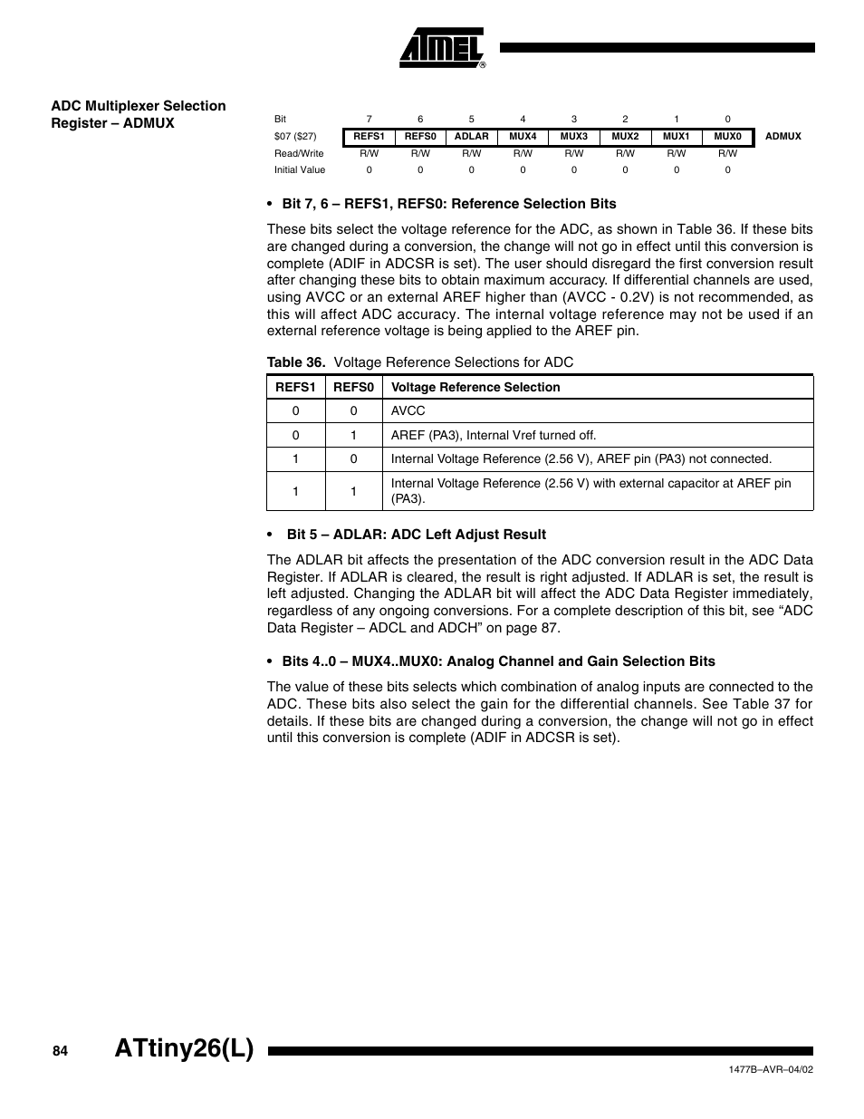 Adc multiplexer selection register – admux, Attiny26(l) | Rainbow Electronics ATtiny26L User Manual | Page 84 / 151