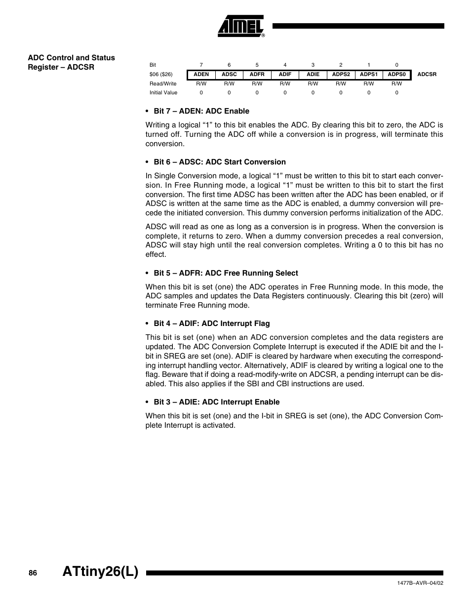 Adc control and status register – adcsr, Attiny26(l) | Rainbow Electronics ATtiny26L User Manual | Page 86 / 151