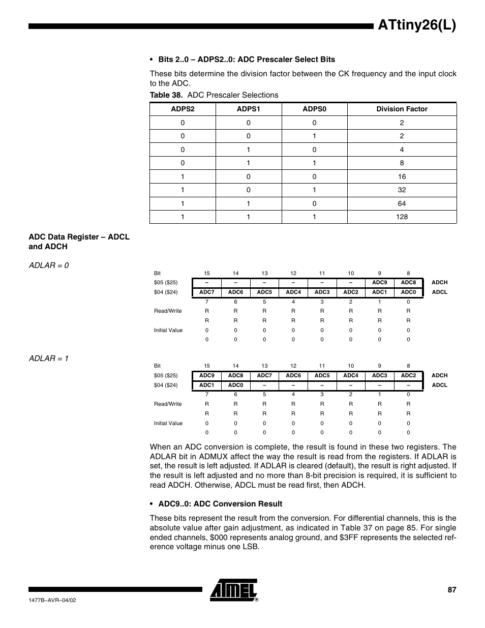 Adc data register – adcl and adch, Adlar = 0, Adlar = 1 | Attiny26(l) | Rainbow Electronics ATtiny26L User Manual | Page 87 / 151